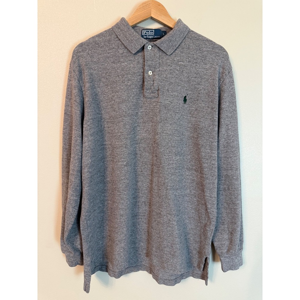 Polo Ralph Lauren Long Sleeve Polo Shirt Gray Cotton Pique L Heritage Preppy - Picture 1 of 8